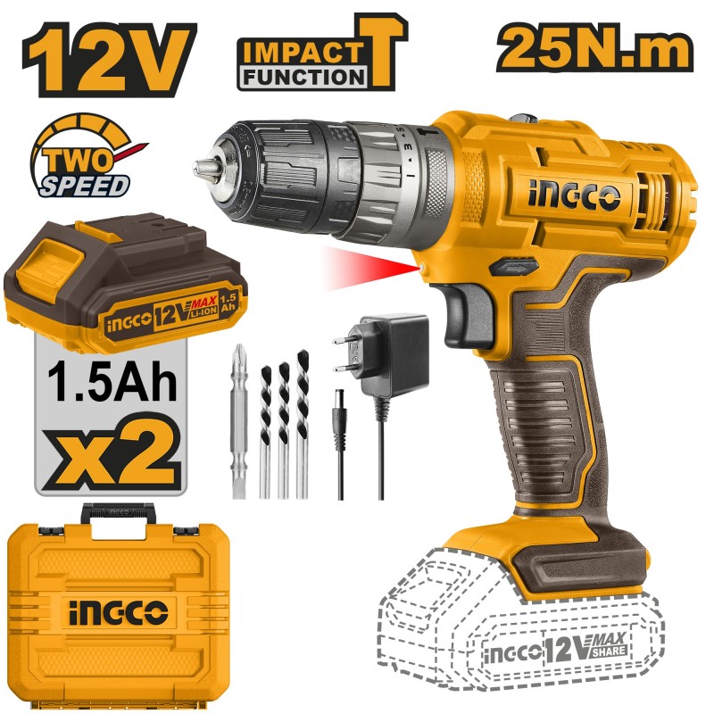 Шуруповёрт аккумуляторный INGCO 12V/2*1.5A CIDLI1228