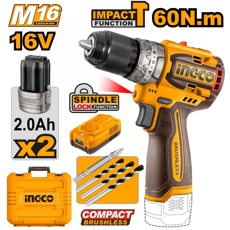 Aккумуляторный ударный шуруповерт 16V/2*2Ah 60N.m INGCO...