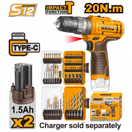 Шуруповёрт аккумуляторный ударный  12V+Наборы бит  INGCO...