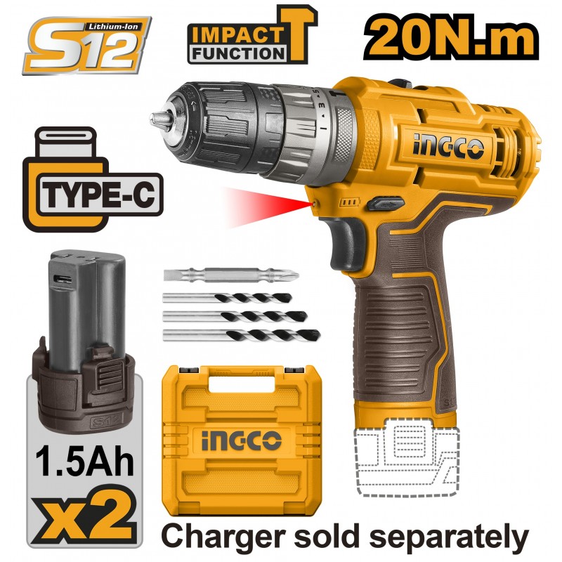 Шуруповёрт аккумуляторный ударный Li-Ion 12V/2*1.5A INGCO...
