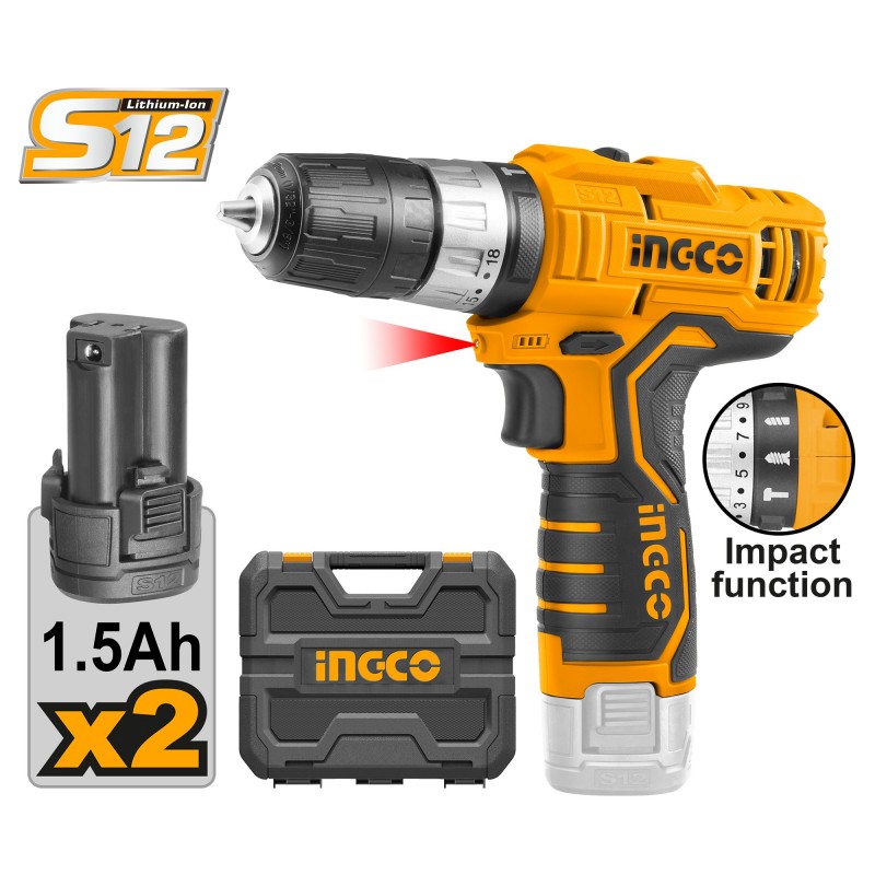 Шуруповерт акумуляторный ударный Li-Ion 12В/1.5А INGCO CIDLI1232