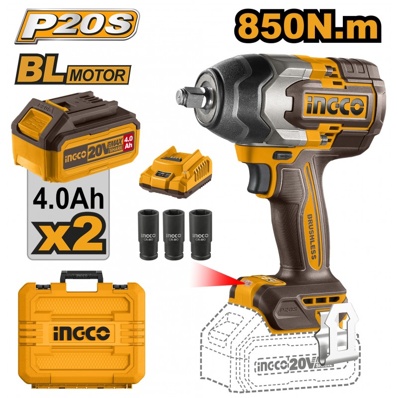 Гайковёрт аккумуляторный ударный Li-Ion 20V/2*4A 850Nm INGCO...