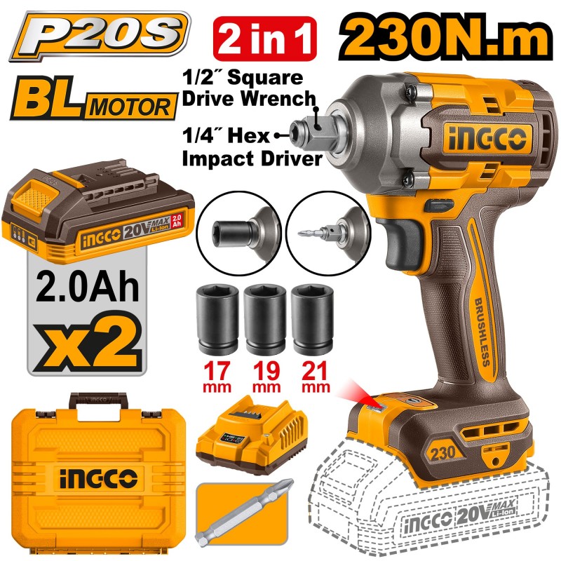 Гайковёрт аккумуляторный ударный  220V/2*2A 230N.m INGCO...