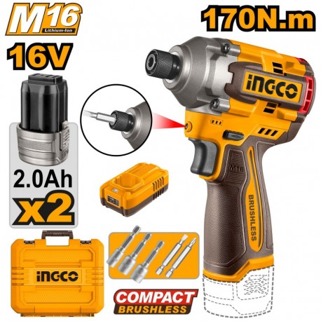 Aккумуляторный винтовёрт  Li-Ion  16V/2*2Ah 170N.m INGCO...
