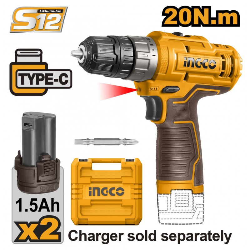 Шуруповёрт аккумуляторный CDLI12202  12V/2*1.5A INGCO